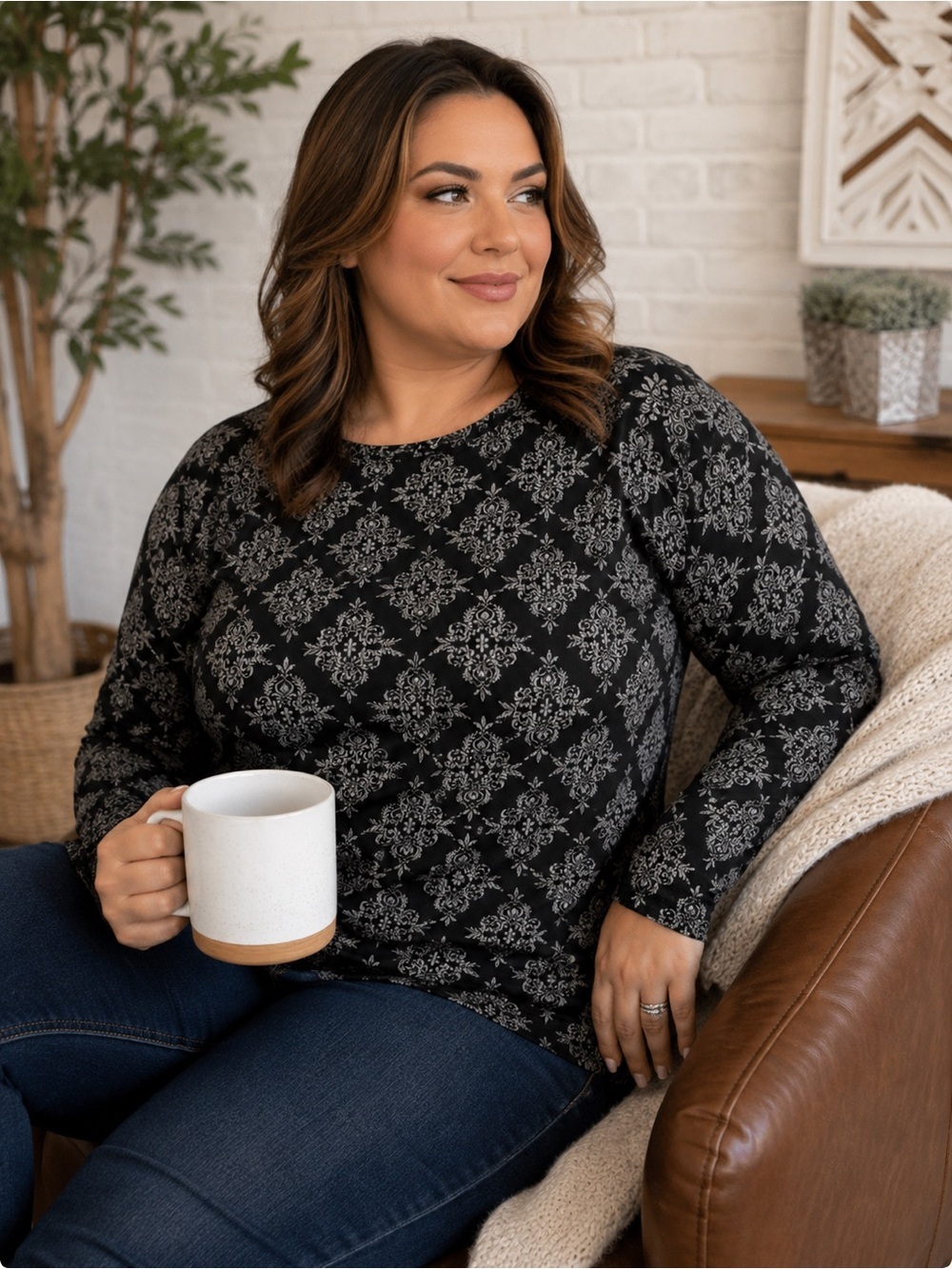 Great Northwest Black Gray Boho Damask Long Sleeve Top 1X Stretch